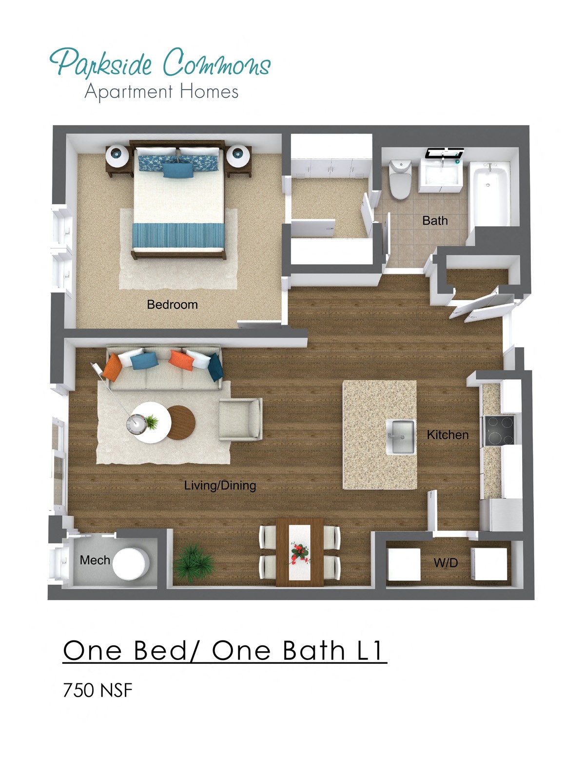 Floor plan for 1 bed, 1 bath, 710 sqft